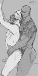 2boys bald bald_man bara closed_eyes deckard_shaw erection facial_hair fast_and_furious_(franchise) finger_in_mouth gay j.us luke_hobbs male male_only monochrome muscular_male shoulder_tattoo standing_sex tattoo yaoi