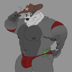 1boy 2022 anthro armpit_hair badger banknote beefy black_claws black_nose blain_wolf body_hair brown_clothing brown_cowboy_hat brown_hat brown_headwear bulge claws clothed clothing colored countershade_hands countershade_head countershade_torso countershading cowboy_hat detailed_bulge european_badger facial_hair fur green_eyes grey_background grey_body grey_countershading grey_fur grey_nipples happy_trail hat headgear headwear hi_res holding_clothing holding_hat holding_headgear holding_headwear holding_object male male_nipples male_only male_thong mammal masculine meles money multicolored_body multicolored_fur musclegut muscles muscular_male mustache mustelid musteline navel pecs portrait red_clothing red_speedo red_swimwear short_tail simple_background skimpy slightly_chubby slightly_chubby_anthro slightly_chubby_male solo speedo swimwear tail three-quarter_portrait white_body white_countershading white_fur