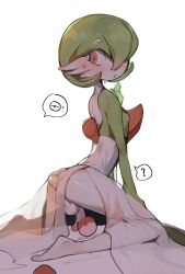 1boy anal anal_insertion anthro anthro_only blush bodily_fluids byebyefrog clothed clothing confusion dialogue dress erection femboy gardevoir generation_3_pokemon girly green_body hi_res kneeling looking_back male male_focus male_gardevoir male_only multicolored_body nintendo open_mouth penetration pokémon_(species) poke_ball poke_ball_in_ass poke_ball_insertion pokeball pokeball_in_ass pokemon pokemon_(species) red_eyes simple_background solo solo_male speech_bubble sweat white_body