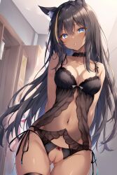 1girls ai_generated babydoll_lingerie black_hair black_lingerie blue_eyes blush blushing_at_viewer cat_ears catgirl choker crotchless_panties cute dark-skinned_female dark_skin dorm exposed_pussy female gold_highlights kemonomimi lace lace_choker lingerie rejnolsai stable_diffusion