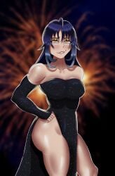 1girls ass astra_lovelace big_ass big_breasts big_butt blue_hair breasts brown_eyes dress female fireworks itzaysel legs makeup mole mole_under_mouth new_year oc smile smiling thecoomerartist yellow_eyes