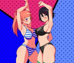 2girls arms_up black_hair blush bra cleavage female kunio-kun kyoko_(kunio-kun) large_breasts misako_(kunio-kun) orange_hair ponytail river_city_girls sanagi_torajirou short_hair standing sweat sweatdrop sweating thighhighs underwear wide_hips