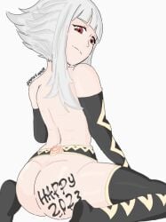 1girls 2023 alternate_hairstyle ass back back_view bangs bare_back big_ass body_writing elbow_gloves female female_only fire_emblem fire_emblem_heroes gloves grey_hair hyperkiara69 kneeling looking_at_viewer looking_back naked_gloves naked_thighhighs new_year nintendo nude nude_female official_alternate_hairstyle red_eyes short_hair smile smug solo thighhighs veronica_(fire_emblem) veronica_(princess_rising)_(fire_emblem) white_background