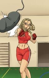 1girls athletic athletic_female bike_shorts blonde_hair breasts brown_hair busty capcom covered_nipples drill_hair female female_focus female_only fully_clothed gym hourglass_figure karin_kanzuki long_hair medium_breasts shorts solo spidu sports_bra street_fighter tagme wide_hips