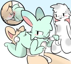 anal anthro blush bodily_fluids genitals group group_sex hi_res humanoid_genitalia humanoid_penis lagomorph leporid licking male male/male mammal oral orgy penis rabbit rimming sex shy smug sparkmelon steam sweat tongue tongue_out trio