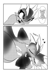 absurd_res allosaurid allosaurus anthro blush comic dinosaur duo eraxa_(character) genitals heart hi_res kissing male male/male monochrome oasis_(character) ornithischian pachycephalosaurid pachycephalosaurus penis reptile scalie sex speech_bubble taboo_tails_(copyright) text theropod white_crest