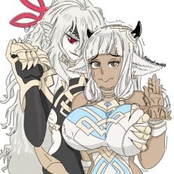 2girls ash_(fire_emblem) bangs breast_grab breasts brown_eyes covered_nipples cow_girl dark-skinned_female dark_skin deep_skin earrings elbow_gloves embarrassed embla_(fire_emblem) female female_only femdom femsub fire_emblem fire_emblem_heroes gloves grey_hair groping hair_over_one_eye horns hyperkiara69 large_breasts long_hair looking_at_viewer motion_blur motion_lines multiple_girls nervous nervous_smile nintendo pointy_ears red_eyes small_breasts smile smirk upper_body very_long_hair waving waving_at_viewer yuri