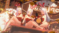 3d big_ass big_butt bunny_girl bunnysuit casino cerberus_(helltaker) demon demon_girl female helltaker koikatsu pinup pinup_pose tenguyurilove triplets