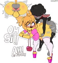 absurd_res afro ahe_gao anal anal_sex anthro bent_over bird_dog black_hair blonde_hair bovid canid canine canis caprine clothing dialogue domestic_dog dongitos duo eyewear femboy flaccid footwear fur genitals gerry_(dongitos) girly glasses golden_retriever grey_body hair hair_over_eye hi_res high_heels hunting_dog legwear looking_pleasured male male/male male_only mammal one_eye_obstructed open_mouth penetration penile penile_penetration penis penis_in_ass pink_nose purse retriever sheep standing tail thigh_highs tom_(isolatedartest) tongue tongue_out yellow_body yellow_fur