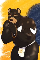 2:3 asian_clothing barazoku bear black_bear bulge cel-shaded clothing detailed_bulge east_asian_clothing fan_character fundoshi hi_res japanese_clothing male mammal moon_bear musclegut pinup pose prayer_beads shinobi_yokai solo takeshi_kumakura underwear ursine