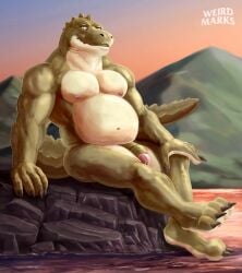 absurd_res alligator alligatorid anthro belly belly_overhang crocodilian foreskin genitals glans green_body hi_res humanoid_genitalia humanoid_penis lake male mountain muscular navel nude outside paws penis pink_glans reptile scalie sitting solo water weirdmarks yellow_eyes