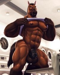 2023 4:5 abs animal_genitalia animal_penis anthro balls big_balls bottomless brown_body clothed clothing clothing_lift digital_media_(artwork) dream_and_nightmare equid equine equine_penis genitals hi_res horse looking_at_viewer male mammal muscular muscular_anthro muscular_male nipple_piercing nipples officer_munroe pecs penis piercing shirt shirt_lift solo topwear