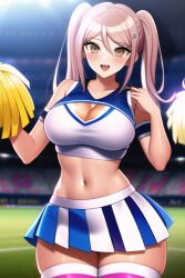 1girls ai_generated brown_eyes cheerleader cheerleader_uniform cleavage danganronpa danganronpa_another fanganronpa female_focus football_field midriff nai_diffusion pink_hair pom_poms solo_focus stable_diffusion stadium stadium_background thighhighs tomori_kizuna twintails