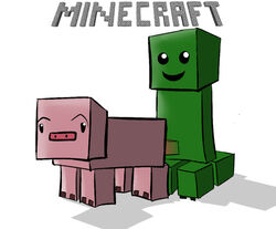 1boy 2010 2d ambiguous_gender ariffrazalin bestiality black_eyes creeper cube digital_media doggy_style erect_penis erection green_skin logo minecraft penis pig pig_(minecraft) pink_skin sex smile smiling smiling_at_viewer snout text what white_background