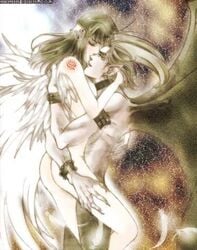 1boy 1girls angel blonde_hair blush breasts cosplay couple dark demon devil embrace female gustaf incubus kissing light long_hair lowres male male/female male_on_female nude primiera saga saga_frontier saga_frontier_2 seqet-aru sex source_request straight sword very_long_hair weapon white_background wings