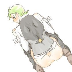 ass blush cilan_(pokemon) clothes color green_hair hair human looking_back male male_only mei_(mochimon) pokemon pokemon_bw short_hair solo tagme yaoi