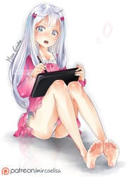 blue_eyes drawing_tablet eromanga_sensei feet female izumi_sagiri long_hair panties patreon silver_hair solo stylus watermark yo-nashi