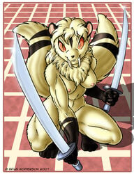 2007 anthro artist_name breasts brian_mcpherson casual_nudity dual_wielding female female_only front_view holding_sword inuyasha kirara multi_tail nipples nude solo squatting sword tagme