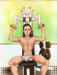 1boy anma chang_wufei erection gundam gym male male_only penis solo underwear underwear_aside underwear_only weightlifting