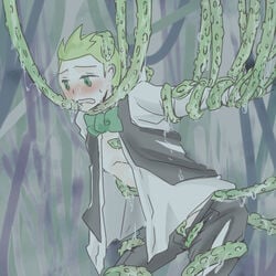 blush bound cilan_(pokemon) clothes color cum green_eyes green_hair hair human male male_only mei_(mochimon) pokemon pokemon_bw short_hair tagme tentacle tentacle_on_male