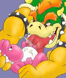 bottomless bowser color green_shell horns interspecies koopa male male_only mario_(series) multiple_males nintendo penis pink_skin sdawg shell spiky_shell testicles topless white_skin yaoi yoshi