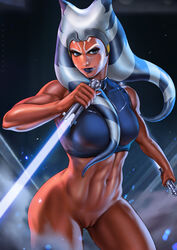 1girls abs ahsoka_tano alien alien_girl blue_eyes blue_lightsaber blue_lips bottomless clone_wars dandon_fuga female female_only hairless_pussy jedi jedi_padawan lightsaber lightsaber_hilt muscular muscular_female no_panties orange_skin pussy pussy_juice shaved_pussy star_wars the_clone_wars:_season_seven thick_thighs togruta toned toned_female uncensored vagina