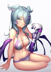 1girls bare_midriff bare_shoulders baseball_bat belly_button big_breasts big_glove bikini blue_hair cleavage covered_eye dragon_girl dragon_wings elira_pendora exposed_shoulders exposed_torso eye_covered glove gloves hair_covering_eye hair_over_one_eye hair_wings head_wings hi_res highres hip_wings looking_at_viewer midriff navel nijisanji nijisanji_en nitrus14 one_eye_covered one_eye_obstructed solo solo_female solo_focus swimsuit virtual_youtuber wings x_hair_ornament