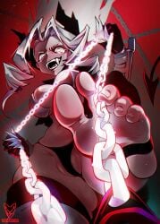 artist_logo black_horns bra breasts chains clawed_gauntlets cleavage demon_girl demon_horns demon_tail fangs feet female femdom from_below gauntlets gloves glowing glowing_eyes helltaker highres horns judgement_(helltaker) large_breasts leash leashed_pov looking_at_viewer navel open_clothes open_mouth partially_visible_vulva pov ringed_eyes soles solo spiked_horns stepped_on stirrup_legwear string tail toeless_legwear toes underboob underwear viewer_on_leash white_eyes white_hair yeougui