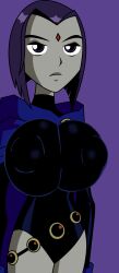 1girls alternate_breast_size big_breasts dc dc_comics edit female female_only gameoveredits grey_skin huge_breasts purple_hair raven_(dc) screenshot_edit solo teen_titans