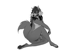 2022 anthro black_claws black_hair black_nose black_pawpads bodily_fluids breasts canid canine cheek_tuft claws clitcereal countershading digital_media_(artwork) facial_tuft female full-length_portrait fur genital_fluids genitals grey_body grey_countershading grey_fur greyscale hair hi_res hindpaw humanoid_hands licking mammal monochrome nipples nude pawpads paws portrait pussy pussy_juice pussy_juice_on_hand pussy_juice_string self_lick simple_background sitting solo tail tail_tuft tongue tongue_out tuft whiskers white_background