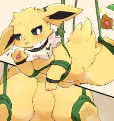 2022 absurd_res ambiguous_gender blep blush bondage bound claws disembodied_hand duo eeveelution featureless_crotch feral fur generation_1_pokemon generation_4_pokemon hi_res jolteon kemono kyameta leafeon looking_at_viewer mammal nintendo paws pokémon_(species) pokemon pokemon_(species) restraints rope rope_bondage rope_harness smile solo_focus tongue tongue_out