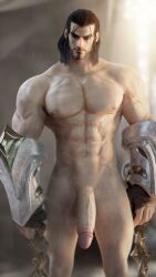 1boy 2022 3d 3d_(artwork) abs beard black_hair digital_media_(artwork) human league_of_legends looking_at_viewer male male_only muscular muscular_male pecs penis phukart solo solo_male standing sylas