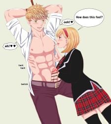 big_cock big_dick blonde_hair cfnm clothed_female_nude_male male_nipple_licking male_nipples muscular_male open_shirt school_uniform schoolgirl