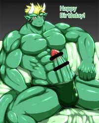 4:5 abs anthro biceps big_penis blonde_hair blush bodily_fluids censored clothing dragon erection genitals green_body green_skin hair horn looking_at_viewer male muscular muscular_anthro muscular_male nude pecs penis raux_(character) red_eyes reptile ryuukikeito scalie smile solo underwear