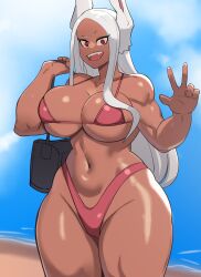 1girls beach big_breasts bikini breasts eye_contact huge_breasts hyenahonk long_hair looking_at_viewer miruko muscular_female my_hero_academia peace_sign red_eyes rumi_usagiyama solo standing thick_thighs thighs white_hair wide_hips