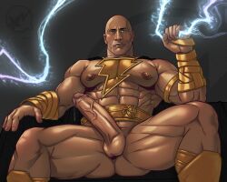 1boy actor athlete biracial biracial_male black_adam black_adam_(2022) blitzturner boner celebrity dc dc_extended_universe dwayne_”the_rock”_johnson erect_penis erection hard_on in_character lightning looking_at_viewer male_only melanin muscles muscular muscular_male posing precum precum_drip sitting spread_legs teth-adam uncut veiny_penis