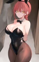 ai_generated arms_behind_back bangs braided_ponytail breasts bunny_ears bunnygirl bunnysuit chainsaw_man cleavage large_breasts latex makima_(chainsaw_man) merukuma pantyhose playboy_bunny rabbit_ears red_hair shiny_clothes stable_diffusion thick_thighs tight_clothing wide_hips yellow_eyes