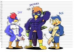 3boys ace_(animal_crossing) animal_crossing anthro armpit_hair avian beak big_penis bird blue_body blue_feathers bodily_fluids body_hair chart closed_eyes dripping erection feathers foreskin gay genital_fluids genitals grin group hair half-erect hand_behind_head hands_on_hips height_chart hexdisciple hi_res huge_cock humanoid_genitalia humanoid_penis hyper hyper_genitalia hyper_penis jacques_(animal_crossing) jay_(animal_crossing) male male/male muscular muscular_anthro muscular_male nintendo nipple_piercing nipple_ring nipples nude orange_hair penis penis_size_difference piercing precum precum_drip proud pubes ring_piercing size_difference smile standing stubble sweat teeth trio