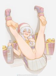 1girls 2d absurd_res absurdres alcohol artist_name bartolomeobari blue_skirt blush christmas clothed clothing disembodied_hand disembodied_limb drinking drunk elaina_(majo_no_tabitabi) female female_focus holidays horny horny_female imminent_sex legs legs_apart legs_held_open legs_up light-skinned_female light_skin long_hair majo_no_tabitabi mostly_clothed no_panties no_underwear nsfw only_female open_mouth pale-skinned_female pale_skin pussy santa_hat skirt skirt_lift smile solo solo_focus spread_legs uncensored watermark white_background white_hair