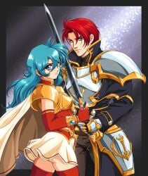 1990s_(style) 1boy 1girls armor ass big_ass black_border blue_eyes blue_hair border breastplate breasts brown_pants cuirass curtained_hair double-parted_bangs eirika_(fire_emblem) elbow_gloves english_commentary faulds female fire_emblem fire_emblem:_the_sacred_stones galaxy gauntlets gloves gradient_background hair_between_eyes highres holding holding_sword holding_weapon long_hair looking_at_viewer male night night_sky nintendo pants pauldrons red_eyes red_gloves red_hair red_thighhighs retro_artstyle seth_(fire_emblem) short_hair shoulder_armor sirknightbot skirt sky small_breasts star_(sky) sword teeth thighhighs weapon white_skirt