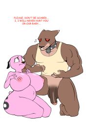 1boy 1girls absurd_res anthro balls big_breasts bodily_fluids breasts canid canine canis cartoon_network collar courage_the_cowardly_dog courage_the_cowardly_dog_(character) domestic_dog duo english_text female fury genitals hi_res huge_breasts mad_dog_(courage_the_cowardly_dog) male mammal muscular muscular_male penis pr-egg-nant pregnant pregnant_female rule_63 tears text unexpectedly_good wholesome