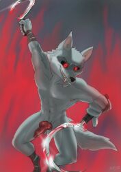 animal_genitalia animal_penis anthro balls canid canine canine_penis canis death_(puss_in_boots) dreamworks fire genitals hi_res holding_object holding_weapon male male_only mammal melee_weapon nipples penis simple_background smile solo weapon wolf wolfyalex96