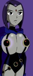 1girls alternate_breast_size big_breasts bikini dc dc_comics female female_only gameoveredits grey_skin huge_breasts purple_hair raven_(dc) screenshot_edit solo teen_titans