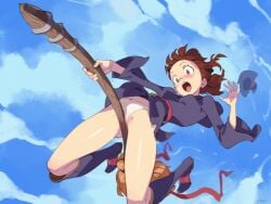 1girls :o akko_kagari artist_name atsuko_kagari belt blue_sky boots breasts broom broom_riding brown_eyes brown_hair cloud commentary dress english_commentary female female_focus female_masturbation female_only flying from_below hat hat_removed headwear_removed kagari_atsuko knee_boots little_witch_academia long_sleeves masturbating masturbation medium_breasts optionaltypo panties pussy_juice red_ribbon ribbon robe sky solo studio_trigger teeth thighs underwear upper_teeth_only white_panties wide_sleeves witch_hat