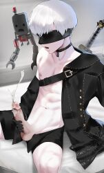 1boy balls blindfold clothing cum cumshot ejaculation erect_penis erection femboy light-skinned_male light_skin male male_focus male_only masturbation nier nier:_automata penis pod_(nier) seijitaro short_hair sitting solo solo_male testicles trap white_hair yorha_9s