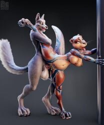 3d canid canine canis female fur hi_res male male/female mammal mustelid original_characters otter patterns picti piercing pole sex slightly_chubby tattoo wolf