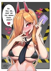 1girls artist_signature bikini_top black_bikini_top black_necktie blonde_hair blonde_hair_female blush breasts caution_tape chainsaw_man condom devil_horns female female_only hearts_around_head horns licking_fingers long_hair navel necktie necktie_between_breasts one_eye_obstructed power_(chainsaw_man) red_eyes red_horns sharp_teeth solo_female speech_bubble tongue_out wolfenhood