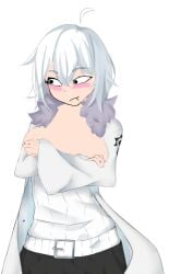 big_breasts blush breasts_out covering_breasts godverse nervous samsons undertale_au white_clothing white_hair