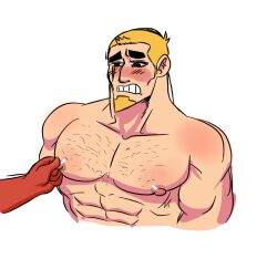 abs biceps blonde_hair blush brawl_stars dinojaiba22 el_primo_(brawl_stars) gay grom_(brawl_stars) hairy male male/male male_only moobs muscular muscular_male nervous nipple_pinch nipple_play nipples pecs pectorals scar supercell teeth