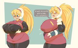 1girls bbw belly big_belly big_breasts blonde_hair blush breasts capcom chubby ciel_(mega_man) fat female huge_breasts lactating_through_clothing lactation mega_man mega_man_zero nipple_bulge overweight overweight_female sunsleptos text